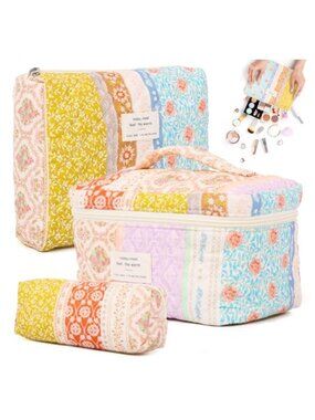 Cotton Quilted Makeup Bag Set 3 Sizes Floral Cosmetic Travel Toiletry Organizer